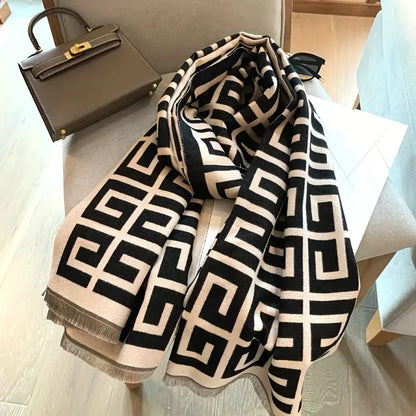 Elegant Black & White Geometric Printed Scarf – Lightweight Polyester Cape with UV Protection for Women