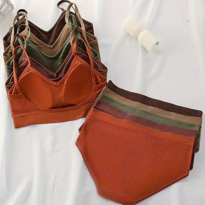 5 Sets Solid Ribbed Lingerie Set - Comfortable Women’s Cami Bra and Panties Collection