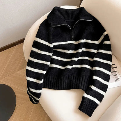 Striped Color Block Collared Sweater for Women - Thick Half-Zip Loose Soft Knit Top for Autumn Winter