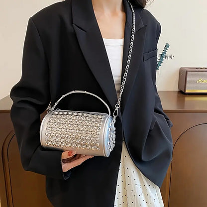 Mini Glitter Rhinestone Cylinder Bag - Trendy Y2K Style Chain Crossbody Purse for Women’s Party Looks