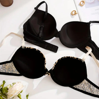 3pcs Plus Size Everyday Bras - Breathable Nylon Blend Underwire Bra Set with Leopard and Solid Colors