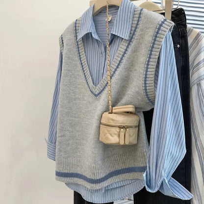 Color Block V-Neck Knit Sweater Vest for Women - Fall/Winter Fashion Casual Stretchy Vest