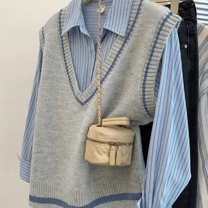 Color Block V-Neck Knit Sweater Vest for Women - Fall/Winter Fashion Casual Stretchy Vest