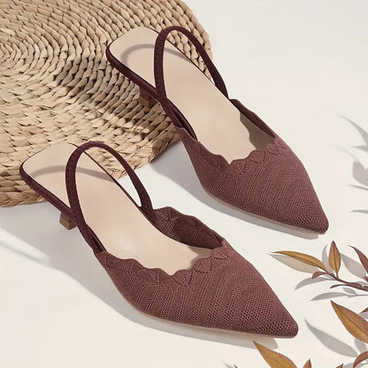 Elegant Women’s Pointed-Toe Slingback Sandals - Breathable Knit Kitten Heel Ankle Strap Shoes