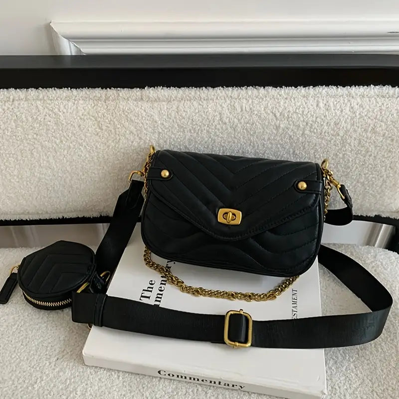 Honey Girl Quilted Shoulder Bag - Geometric Faux Leather Crossbody with Chain Strap and Rivet Details