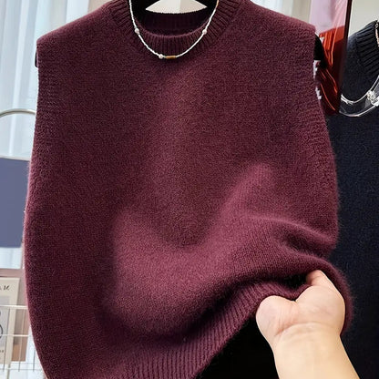 Chic Red Crew Neck Sleeveless Knit Vest - Cozy Polyester, Machine Washable for Spring & Fall