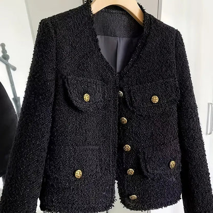 Solid Color Button Front Textured Jacket - Chic V Neck Long Sleeve Women’s Fall & Winter Coat