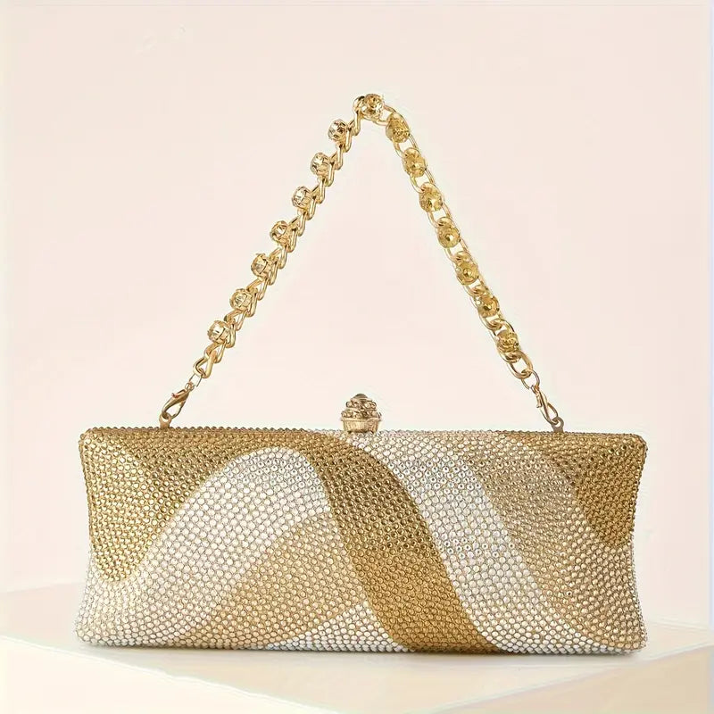 Sparkling Rhinestone Petite Clutch - Evening Bag with Detachable Wrist Strap and Long Chain
