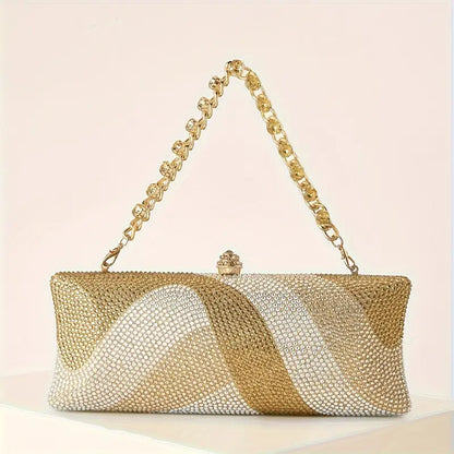 Sparkling Rhinestone Petite Clutch - Evening Bag with Detachable Wrist Strap and Long Chain