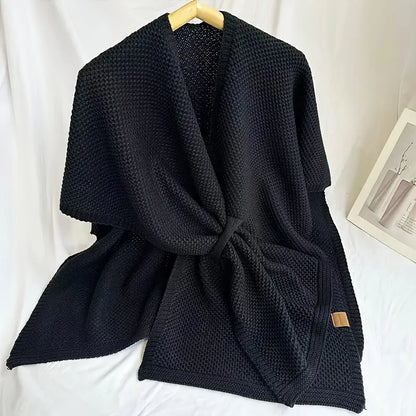 Solid Color Knitted Cross Shawl Cardigan Poncho for Autumn and Winter