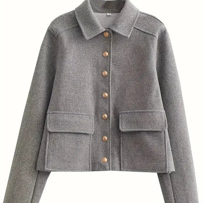 Vintage French Style Button-Up Short Jacket with Large Pockets for Women - Seasonal Outerwear