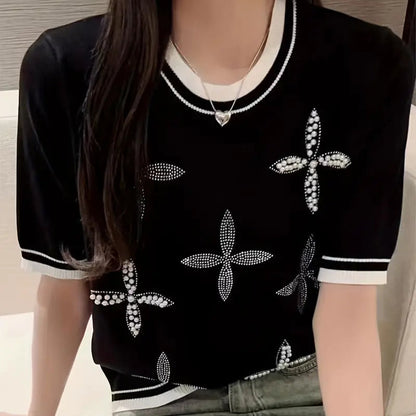 Beaded Rhinestone Crew Neck Knitted Top – Elegant Spring Summer Women’s Sweater