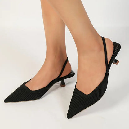 Elegant Women’s Pointed-Toe Slingback Sandals - Breathable Knit Kitten Heel Ankle Strap Shoes