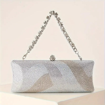 Sparkling Rhinestone Petite Clutch - Evening Bag with Detachable Wrist Strap and Long Chain