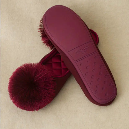 Women’s Velvet Pom-Pom Satin Slippers - Solid Color, Slip-On, All-Season Comfort, Machine Washable