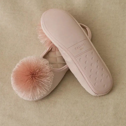 Women’s Velvet Pom-Pom Satin Slippers - Solid Color, Slip-On, All-Season Comfort, Machine Washable