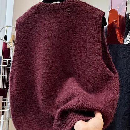 Chic Red Crew Neck Sleeveless Knit Vest - Cozy Polyester, Machine Washable for Spring & Fall