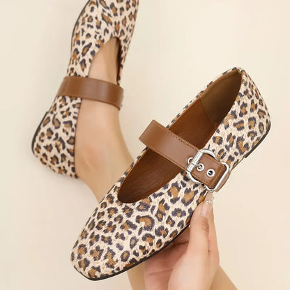 Elegant Women’s Ballet Flats - Comfortable Square Toe Slip-On Shoes with Buckle Closure