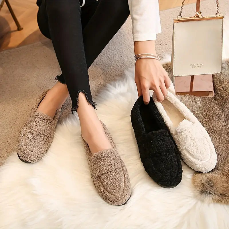 Solid Color Flat Loafers for Women - Casual Slip-On Plush Lined Winter Shoes for Comfort