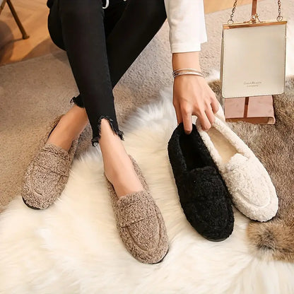 Solid Color Flat Loafers for Women - Casual Slip-On Plush Lined Winter Shoes for Comfort