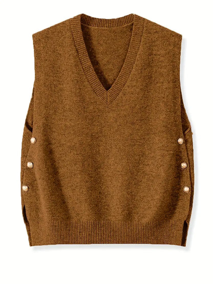 V-Neck Knitted Vest with Side Buttons – Stylish Women’s Casual Knit Top