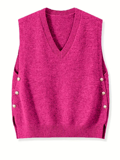 V-Neck Knitted Vest with Side Buttons – Stylish Women’s Casual Knit Top
