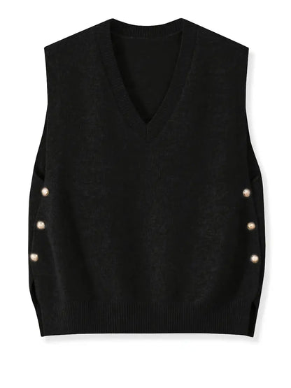 V-Neck Knitted Vest with Side Buttons – Stylish Women’s Casual Knit Top