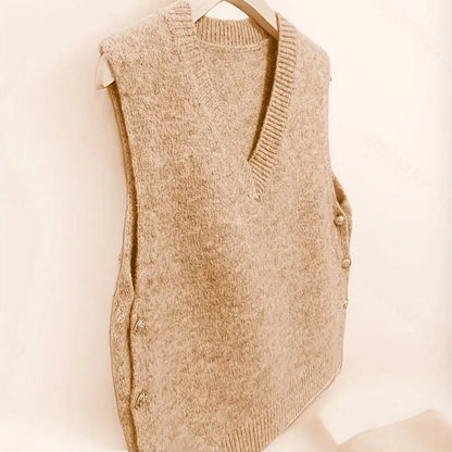 V-Neck Knitted Vest with Side Buttons – Stylish Women’s Casual Knit Top