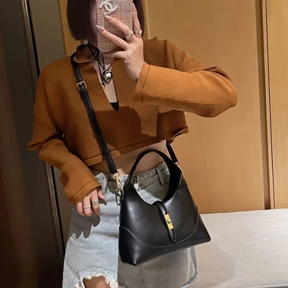 Women’s Faux Leather Shoulder Bag - Retro Style Elegant Handbag with Golden Accents and Zip Closure