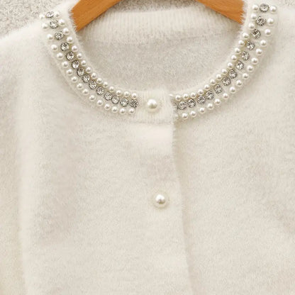 Elegant Pearl Chain Knit Cardigan for Women - Viscose Blend Crew Neck Sweater with Rhinestone Detail