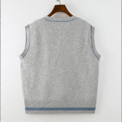 Color Block V-Neck Knit Sweater Vest for Women - Fall/Winter Fashion Casual Stretchy Vest