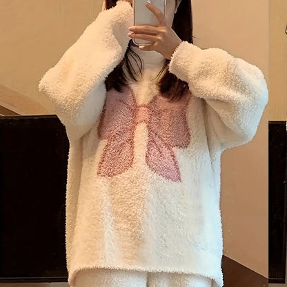 Women’s Butterfly Coral Fleece Pajama Set - Warm Long Sleeve Pullover and Pants Sleepwear