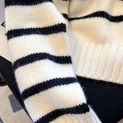 Striped Color Block Collared Sweater for Women - Thick Half-Zip Loose Soft Knit Top for Autumn Winter