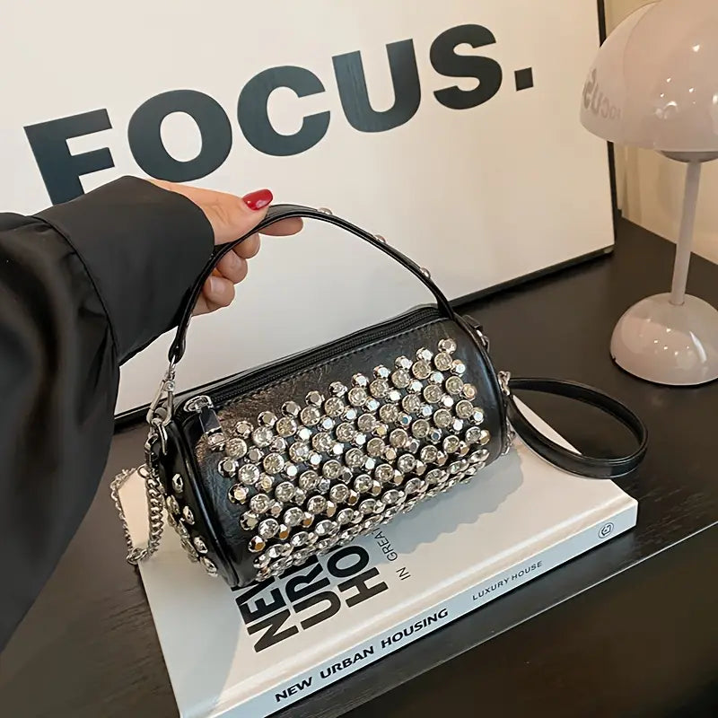 Mini Glitter Rhinestone Cylinder Bag - Trendy Y2K Style Chain Crossbody Purse for Women’s Party Looks