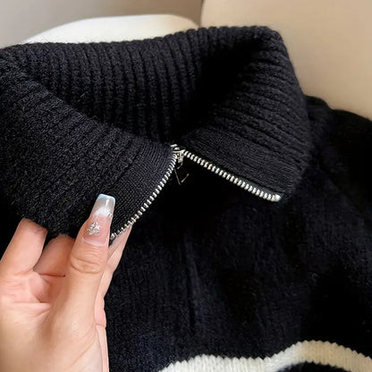 Striped Color Block Collared Sweater for Women - Thick Half-Zip Loose Soft Knit Top for Autumn Winter