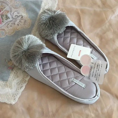 Women’s Velvet Pom-Pom Satin Slippers - Solid Color, Slip-On, All-Season Comfort, Machine Washable