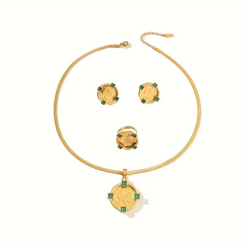 Gold Rooster Pattern Jewelry Set - Zirconia Pendant Necklace, Ring, and Earrings in Retro Luxury Design