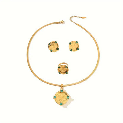 Gold Rooster Pattern Jewelry Set - Zirconia Pendant Necklace, Ring, and Earrings in Retro Luxury Design