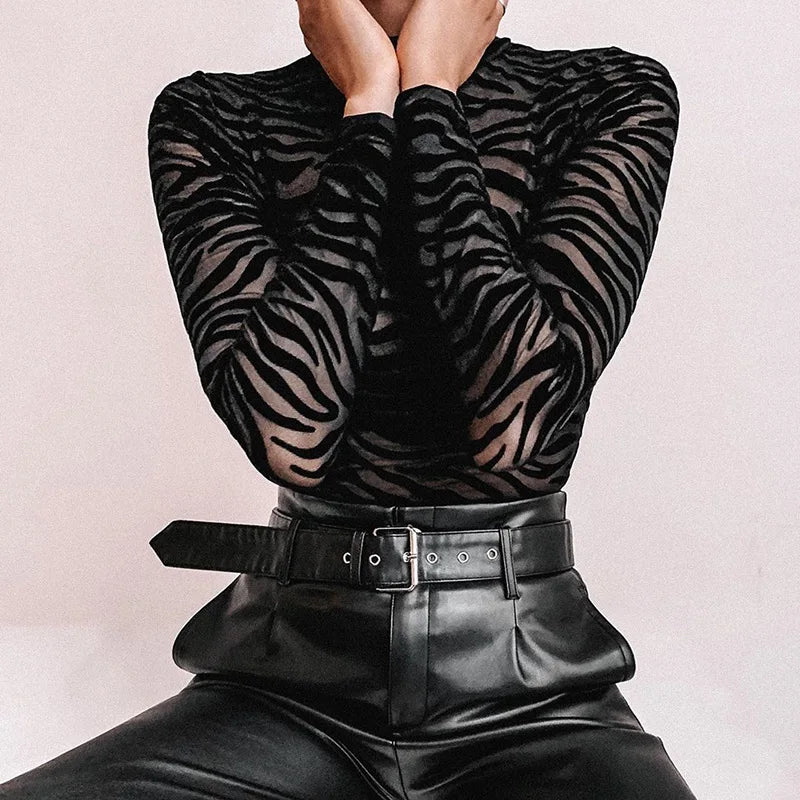 Sheer Mesh Striped Bodysuit for Women