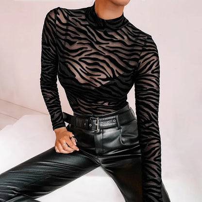 Sheer Mesh Striped Bodysuit for Women