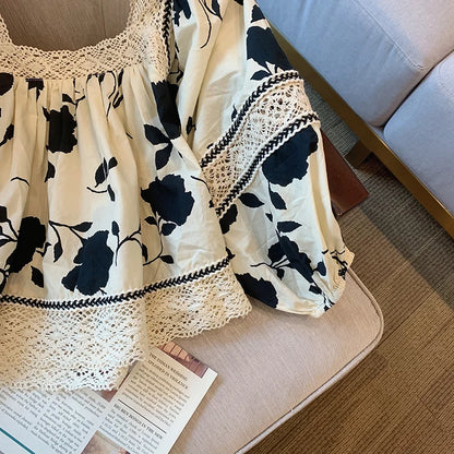 Elegant Women's Floral Lace Blouse with Sheer Detailing and Lightweight Fabric