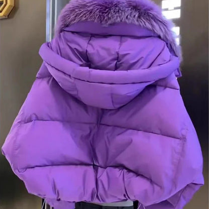 Fashionable Down Cotton Jacket - Women's Winter Coat with Large Fur Collar and Thick Down Design for 2024