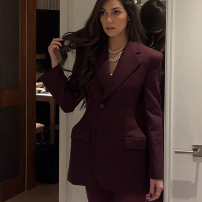 Burgundy Lapel Suit Jacket - Elegant Women’s Formal Blazer Jacket for Professional and Stylish Looks