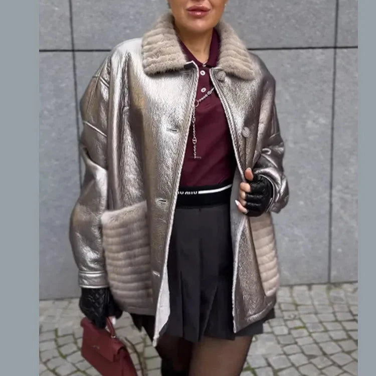 Shiny Fur Leather Coat for Women