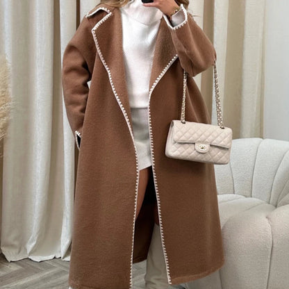 Vintage Patchwork Loose Long Coat - Elegant Women’s Autumn and Winter Coat with Turn-Down Collar and Pockets