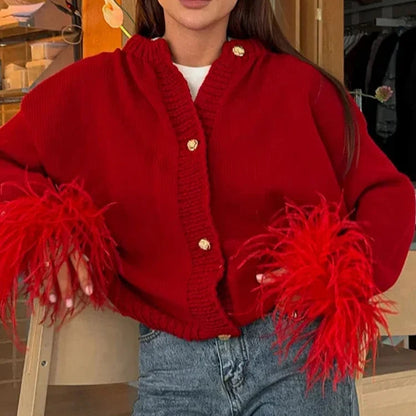 Chic Feather Patchwork Knit Cardigan – Cozy and Stylish Women’s Sweater for Fall & Winter