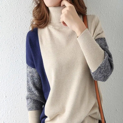Korean Patchwork Turtleneck Sweater - Loose Knitting Autumn Winter Bottoming Shirt for Women