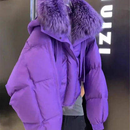 Fashionable Down Cotton Jacket - Women's Winter Coat with Large Fur Collar and Thick Down Design for 2024