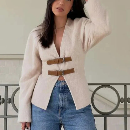 Woolen Buckle V-Neck Coat