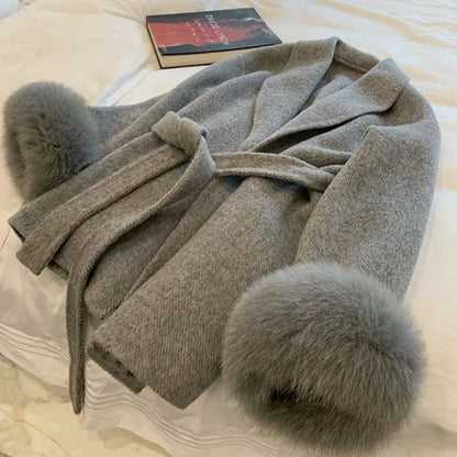 Elegant Fur Cuff Tweed Coat for Women – Luxury Winter Fashion